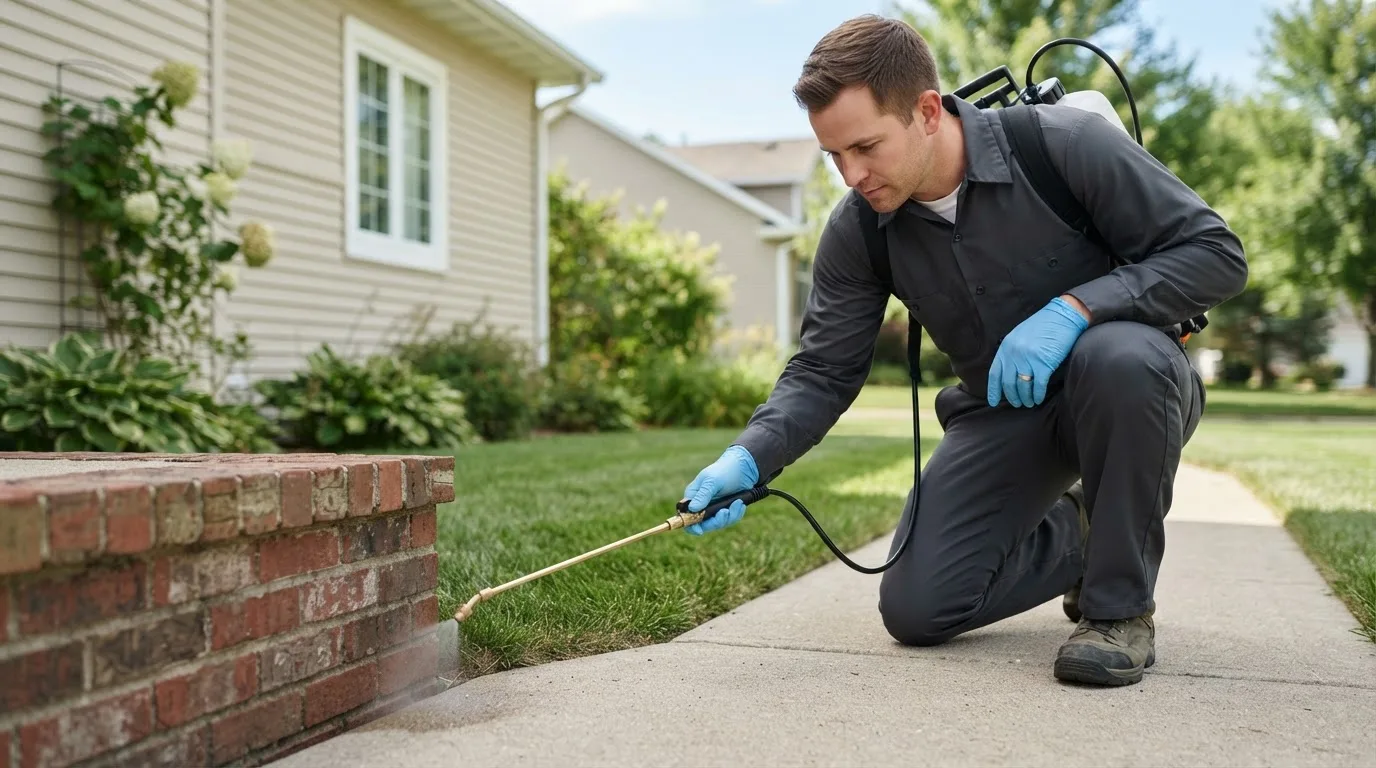 Pest control technician treating a home near Denison, IA