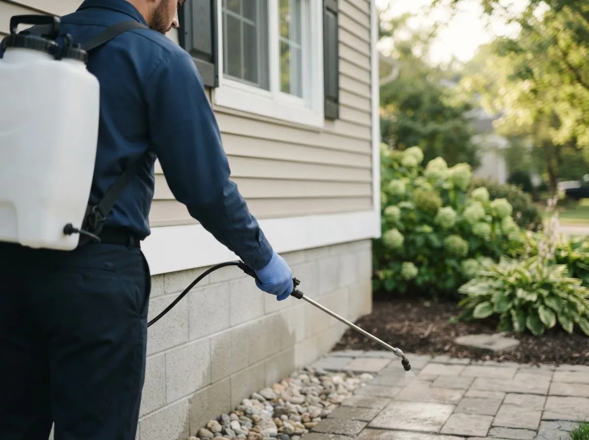 Pest control technician inspecting a home in Denison, IA